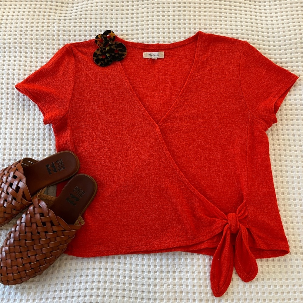 Madewell || Red Wrap Tie Crop Blouse - Picture 2 of 6